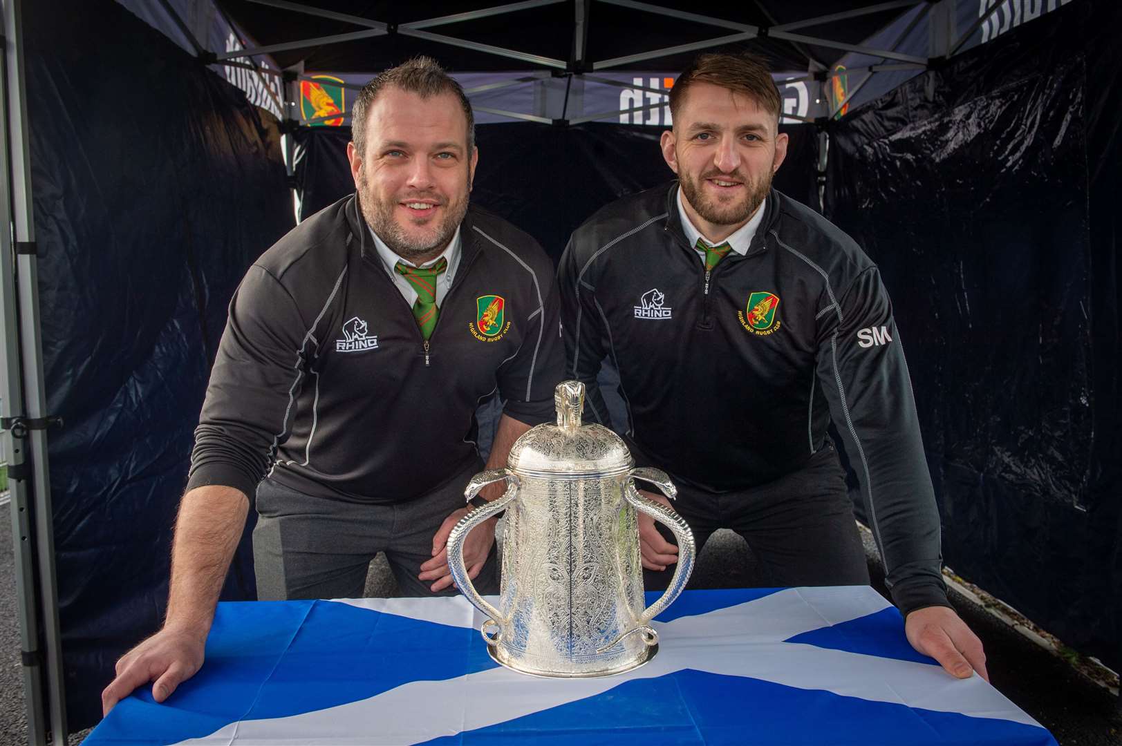 Stephen Murray (right) with long-time teammate Kevin Brown and the Calcutta Cup. Picture: Callum Mackay