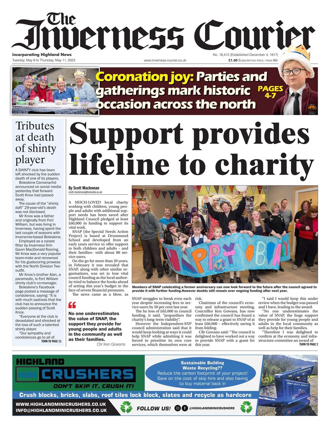 The Inverness Courier, May 9, front page.