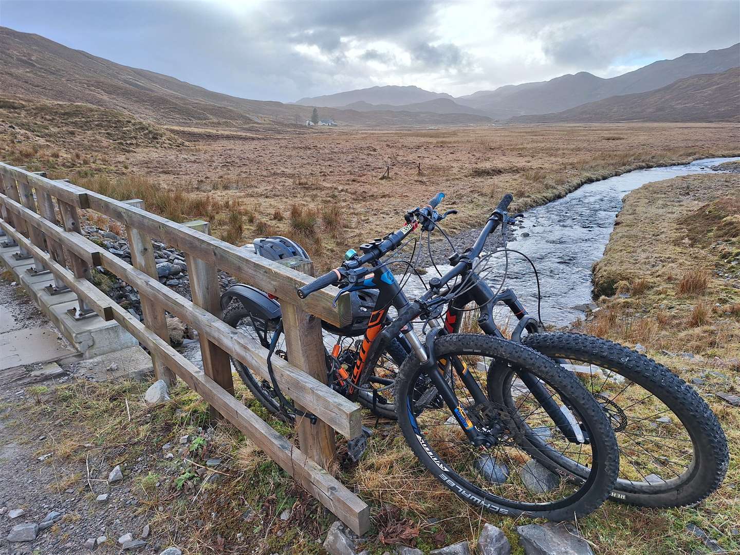 The bikes left at the burn crossing after Bendronaig Lodge.