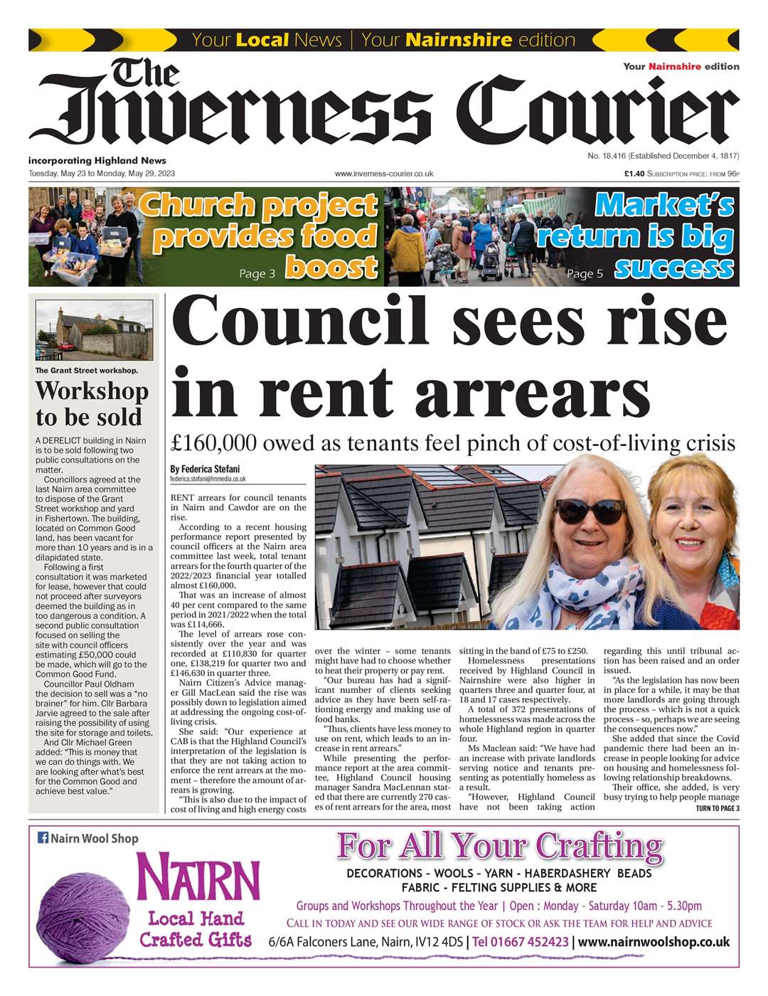 The Inverness Courier (Nairnshire edition), May 23, front page.