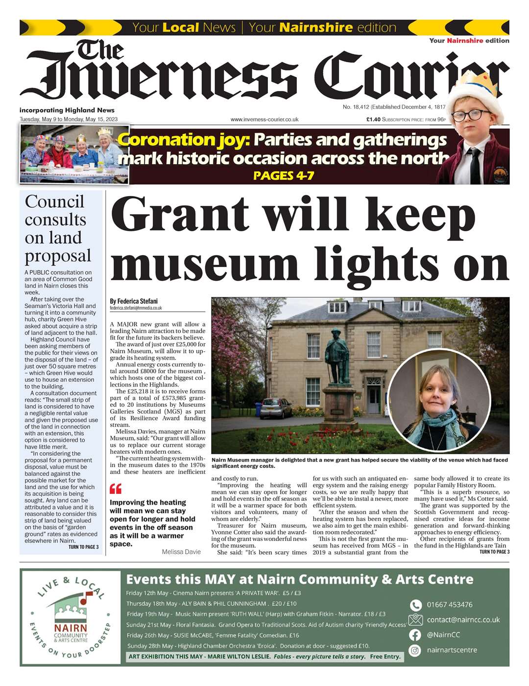 The Inverness Courier (Nairnshire edition), May 9, front page.