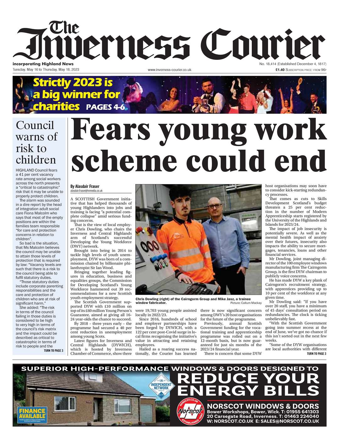 The Inverness Courier, May 16, front page.