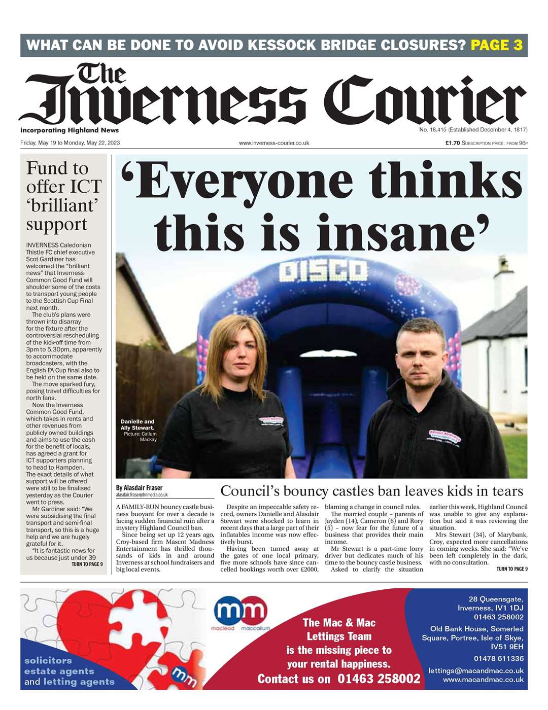 The Inverness Courier, May 19, front page.