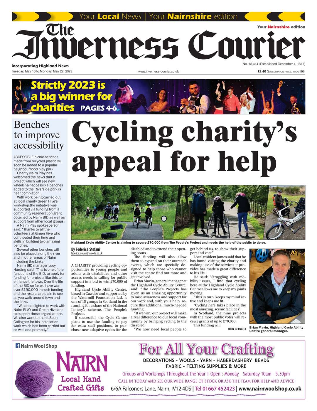 The Inverness Courier (Nairnshire edition), May 16, front page.