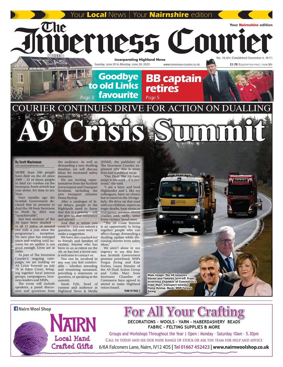 The Inverness Courier (Nairnshire edition), June 20, front page.