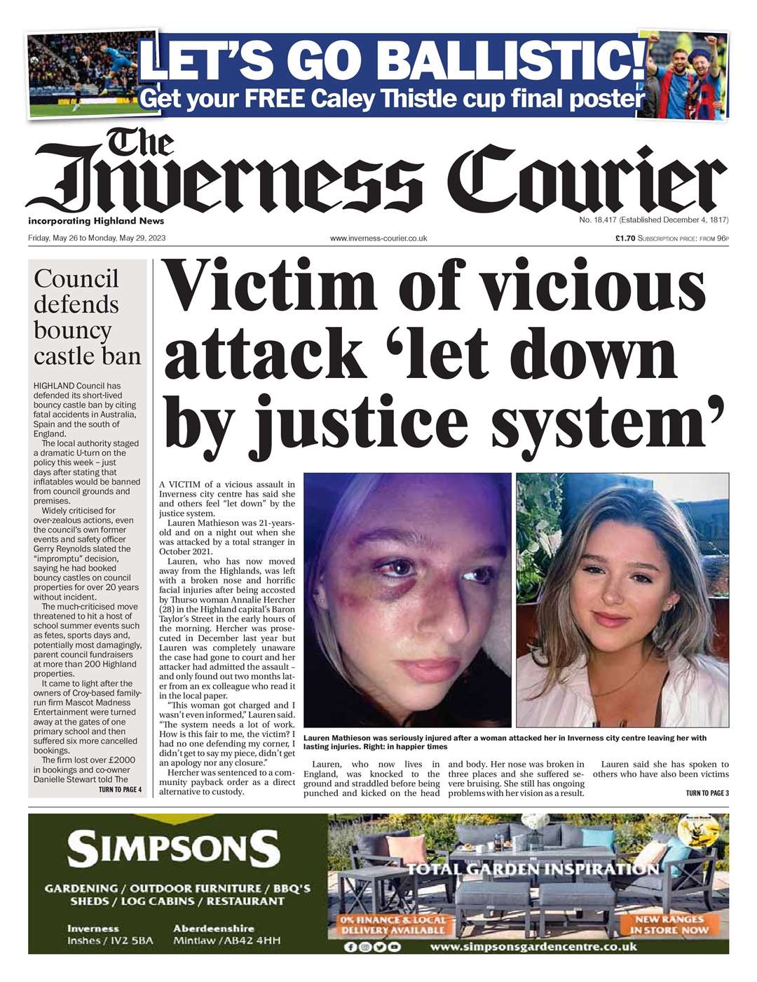 The Inverness Courier, May 26, front page.