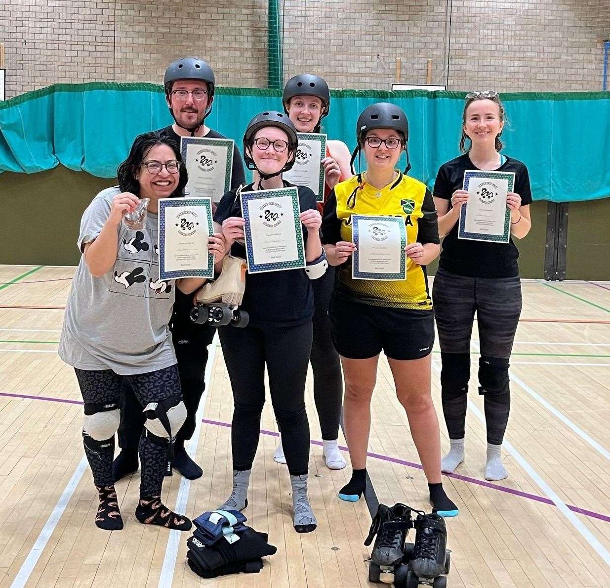Inverness City Roller Derby's latest batch of new recruits at their learn-to-skate graduation.