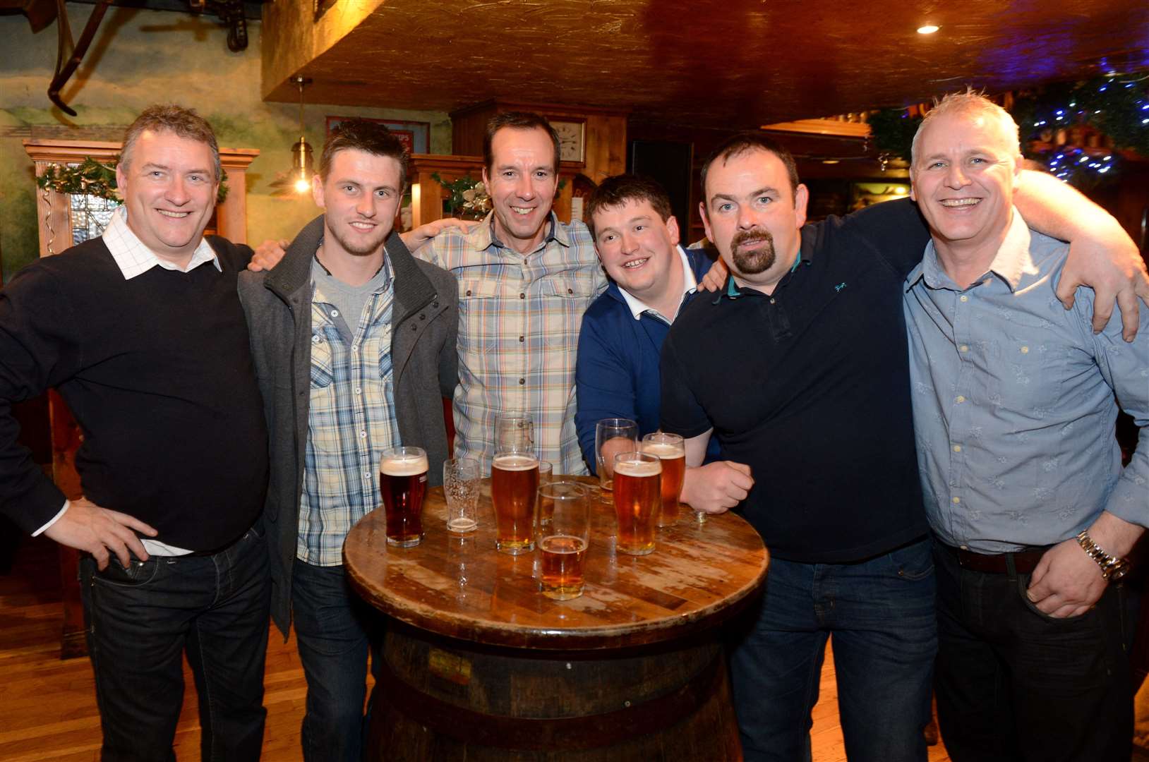Bob Brown, Andy Brown, George Pritchard, Matthew Steele, Brenden Dessry and Sean O'Brian from Landmark Forest Adventure Park on their work night out. Picture: Alasdair Allen. Image No. 020735.