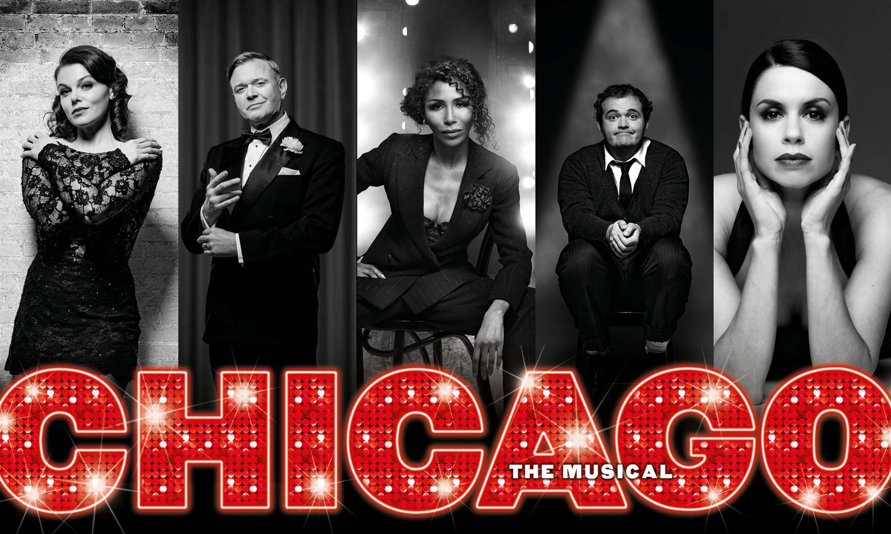 Chicago principals – from left – Faye Brookes as Roxie Hart; Darren Day as Billy Flynn; Sinitta as Matron Mama Morton; Joel Montague as Amos Hart; and Djalenga Scott as Velma Kelly.