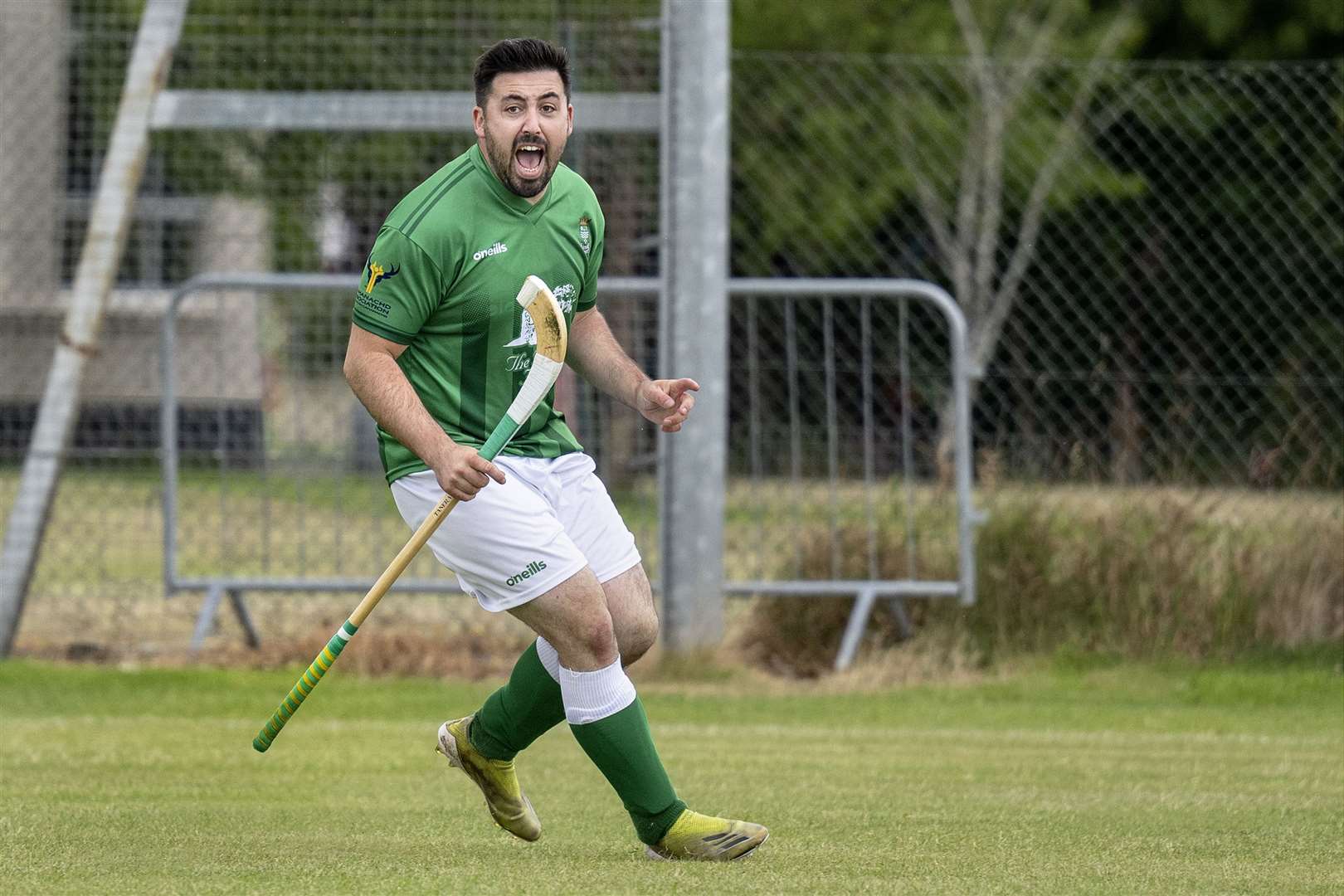Jack Macdonald celebrates his last minute winning goal for Beauly. Beauly v Skye Camanachd in the quarter final of the Ferguson Transport Balliemore Cup, played at Braeview, Beauly.