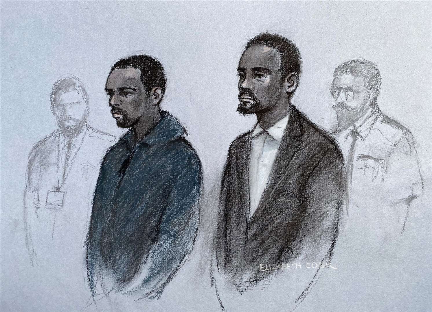 A court artist sketch of Remy Gordon, left, and Kami Carpenter during their previous court appearance (Elizabeth Cook/PA)
