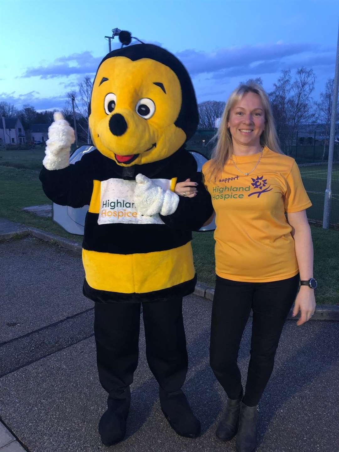 Suzi MacDonald with the Highland Hospice mascot Bobby Bee