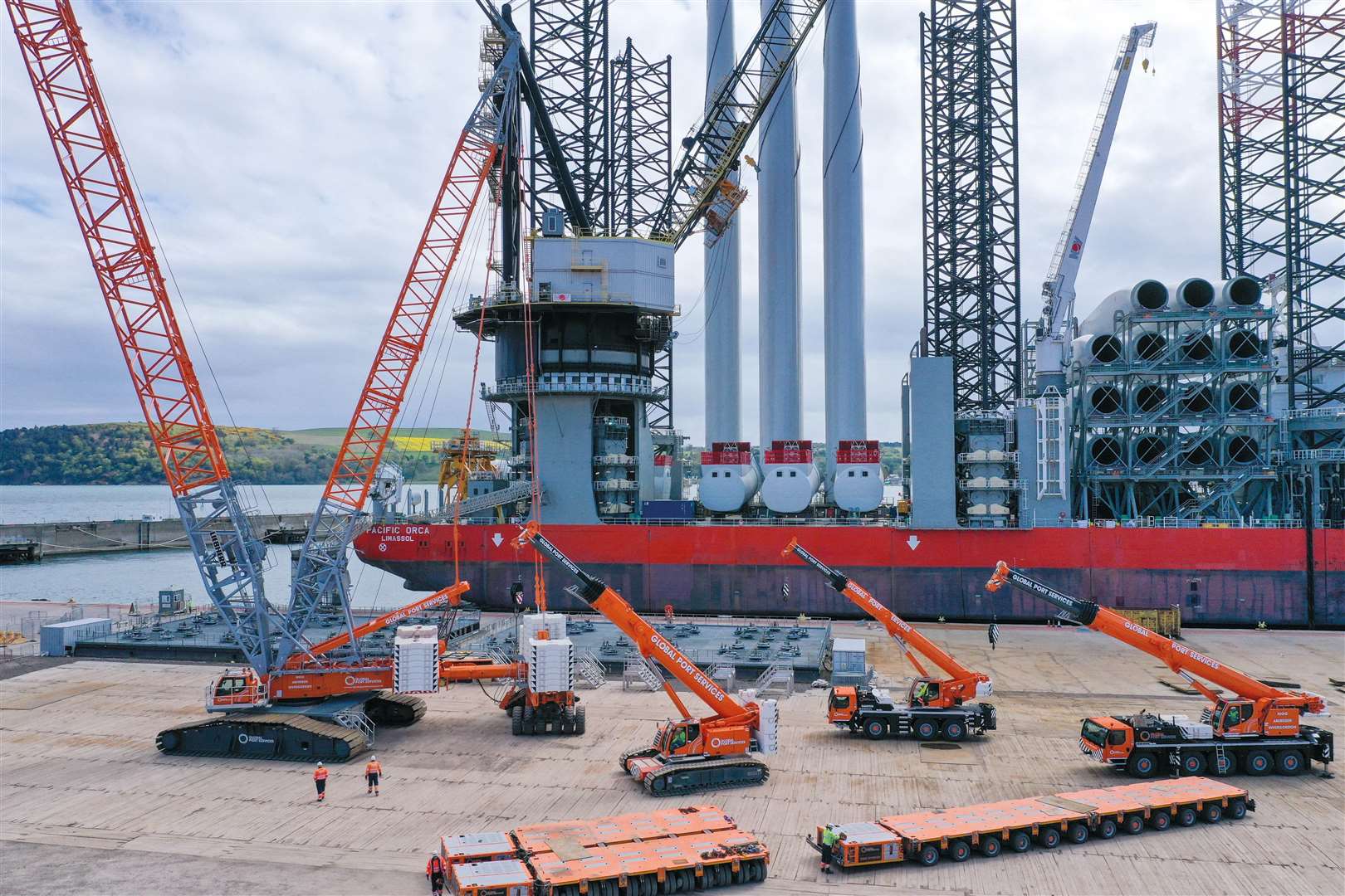 Global Energy Group Moray East cranes and logistics at Port of Nigg.