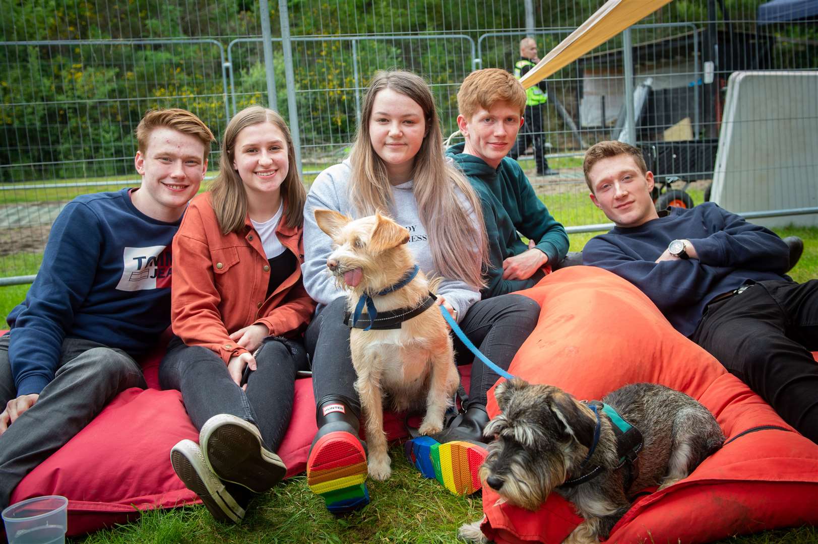 Lewis Kelly, Ellis Cooper, Anya Stewart, Stewart Smith and Brodie Rawlands with McGee and Bear the dogs. Picture: Callum Mackay.