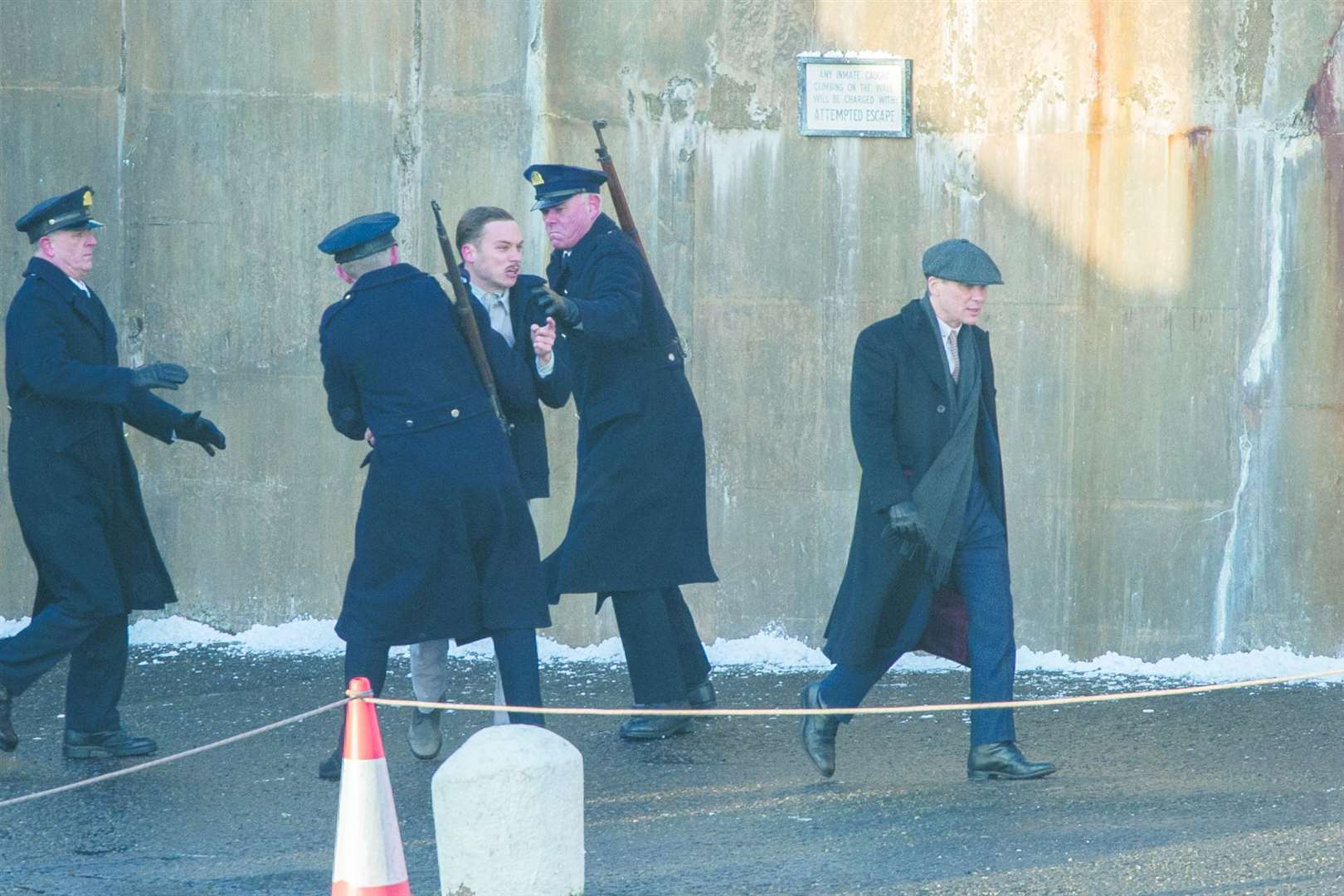 Michael Gray (Finn Cole) and Thomas Shelby (Cillian Murphy) film a scene. ..Picture: Daniel Forsyth..