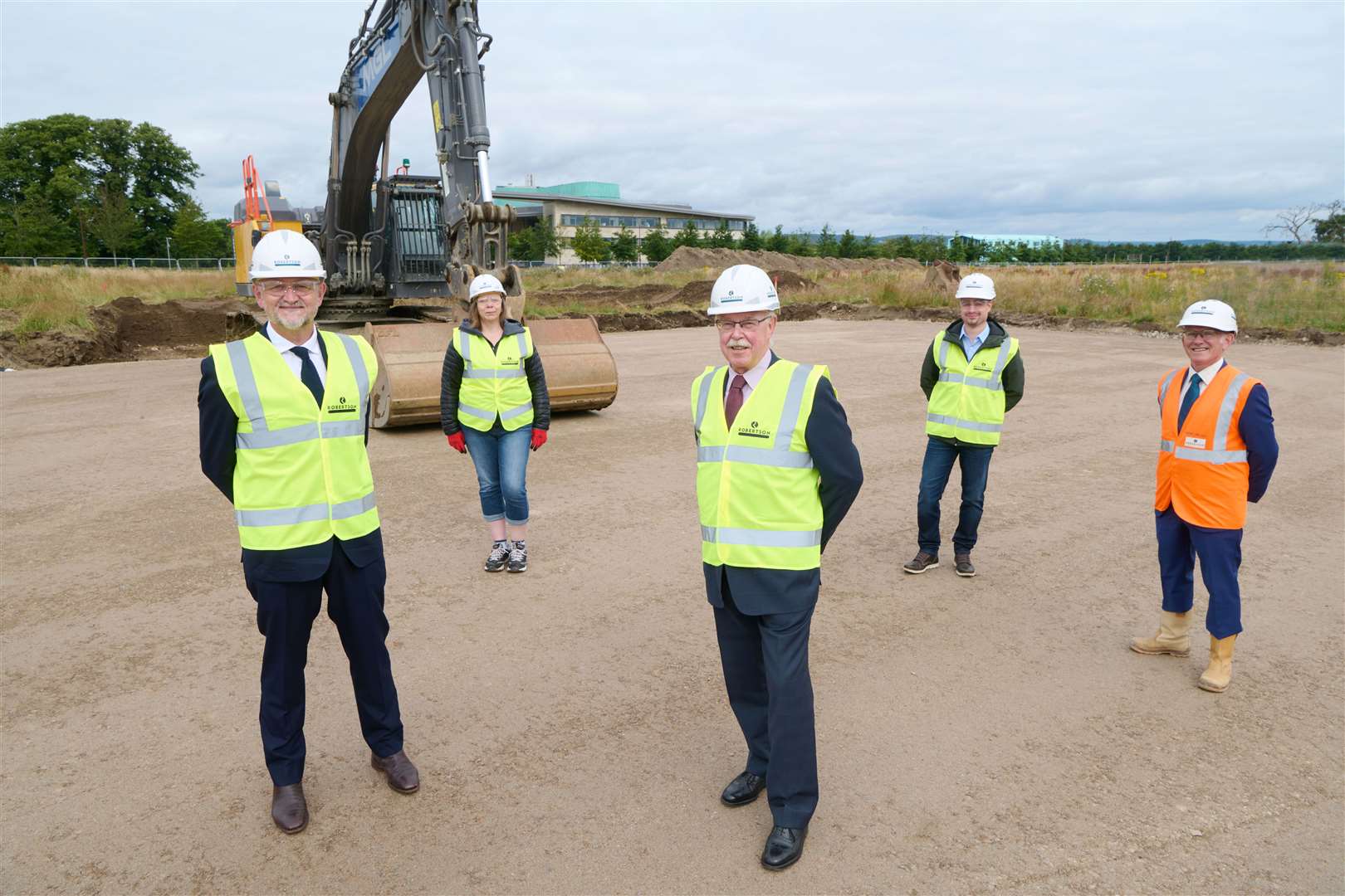 Pictured at the turf cutting ceremony at the Life Sciences Campus site in Inverness are (from left) Professor Todd Walker, life sciences PhD student Ronie Walters, HIE chairman Alasdair Dodds CBE, life sciences PhD student Manuel Valdivia, and Frank Reid, regional managing director, Robertson Construction Northern.