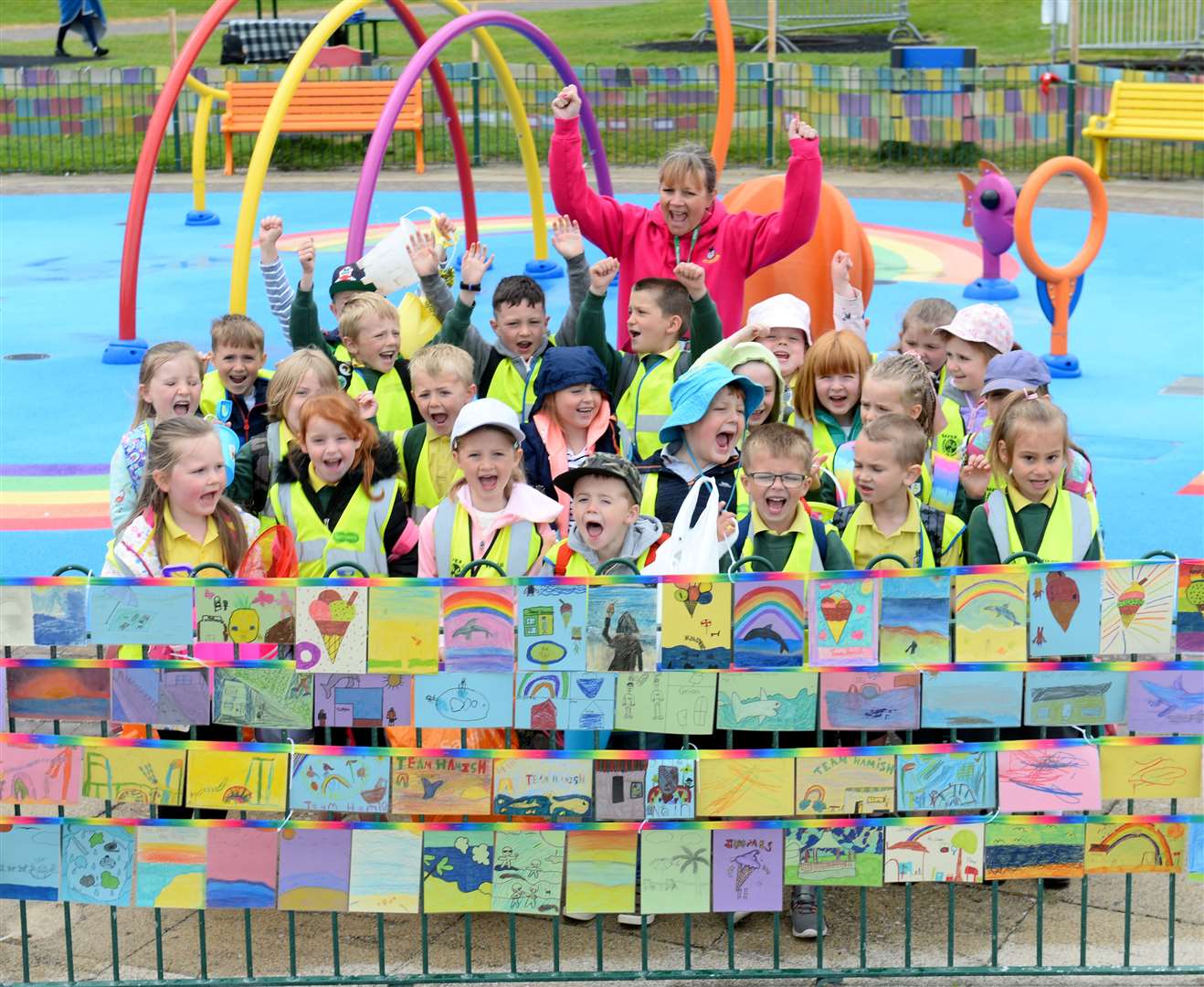 Team Hamish,local Primary school art project to decorate Nairn splashpad..The P1 class of Auldearn Primary with teacher Gillian Rodgers see their art on display..Picture: Gary Anthony..