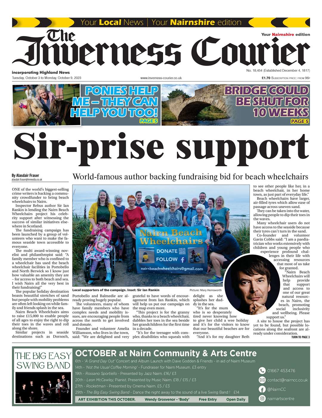 The Inverness Courier (Nairnshire edition), October 3, front page.