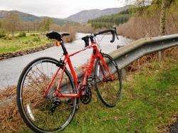 My Giant Defy on its first run out on the minor road to Luichart Power Station (right) with the River Conon below.