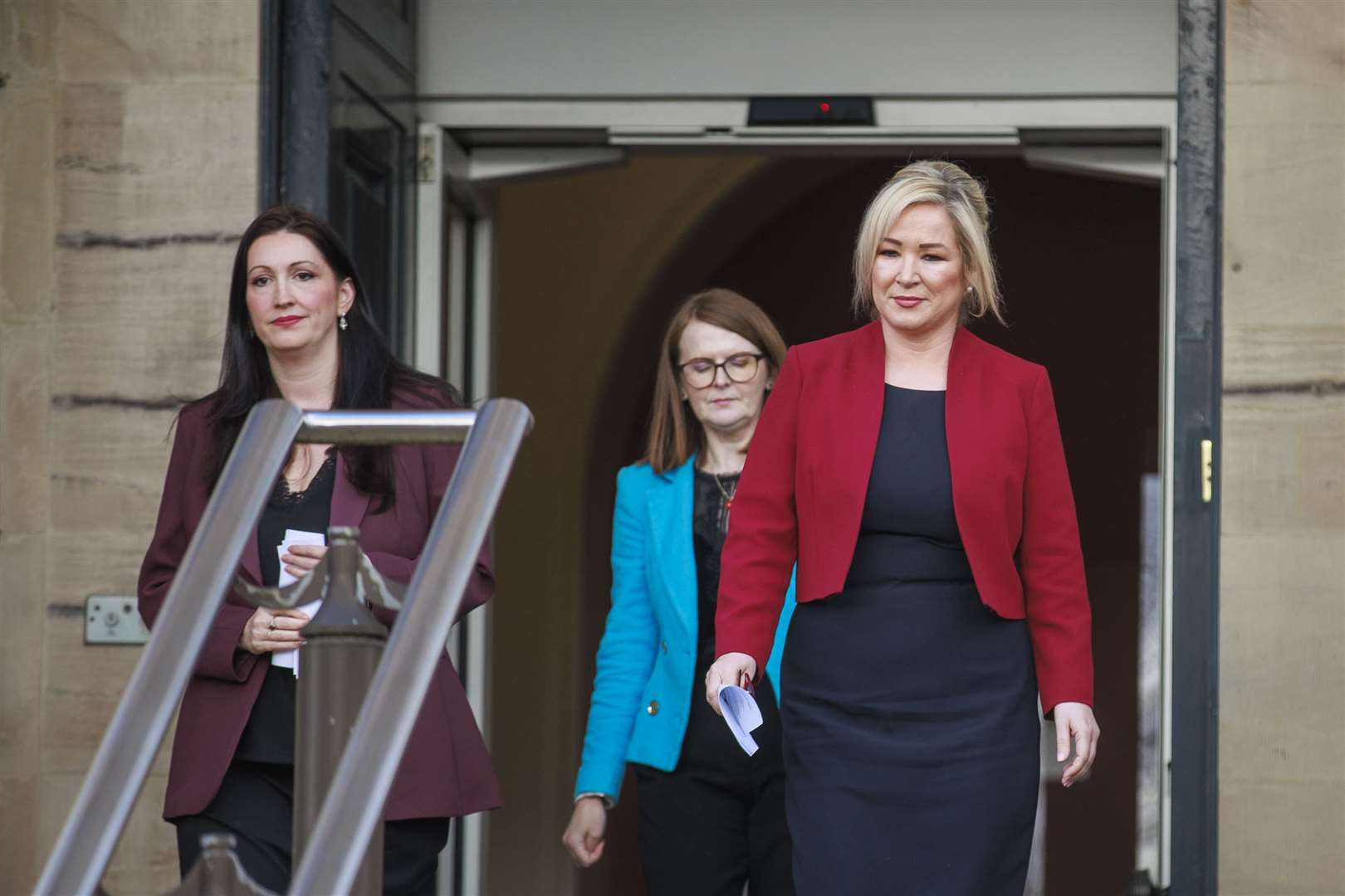 First Minister Michelle O’Neill (right), Deputy First Minister Emma Little-Pengelly (left) and Minister of Finance Caoimhe Archibald (centre) at Stormont Castle (Liam McBurney/PA)