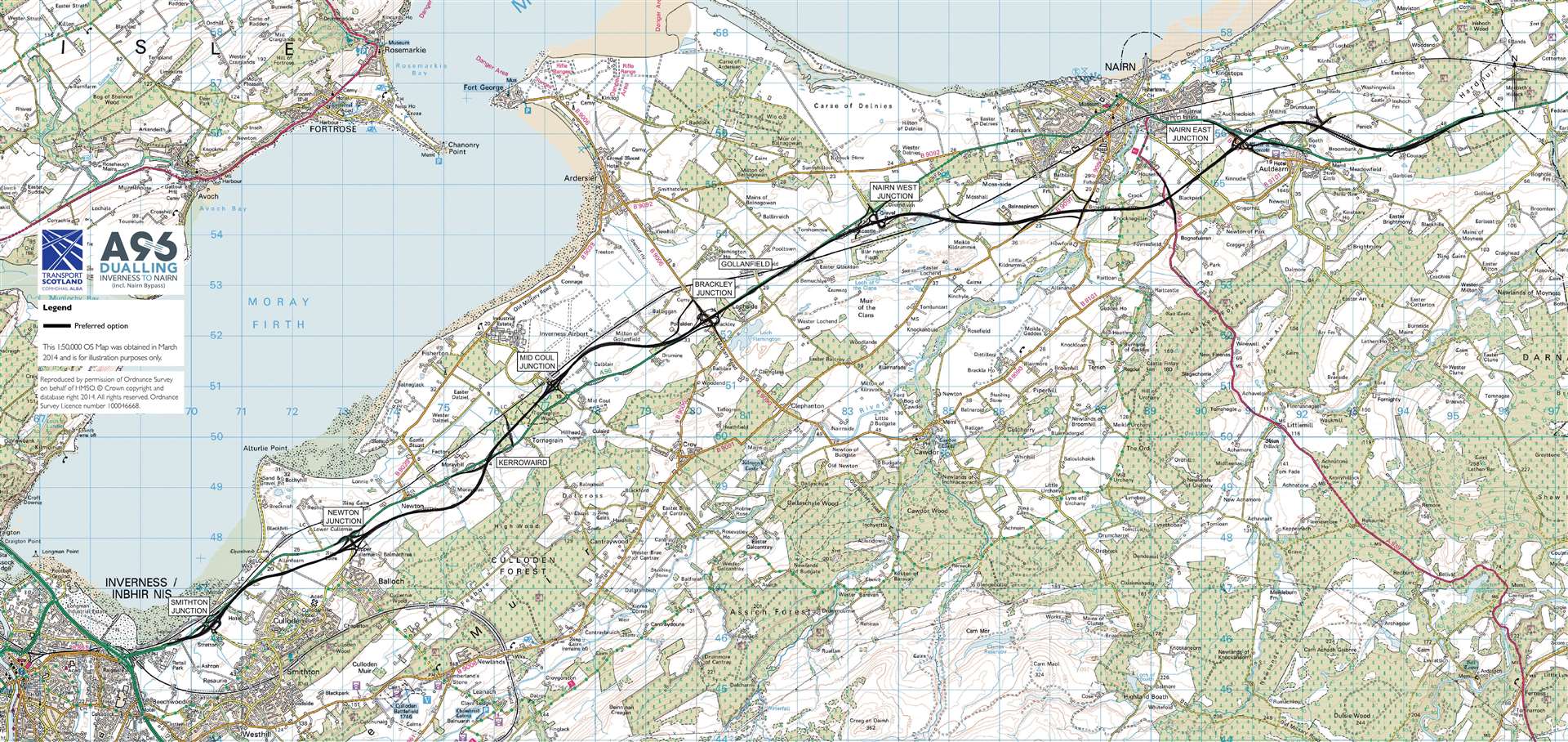 The proposed route (in black) of the new A96 dual carriageway between Inverness and Nairn and the Nairn bypass..