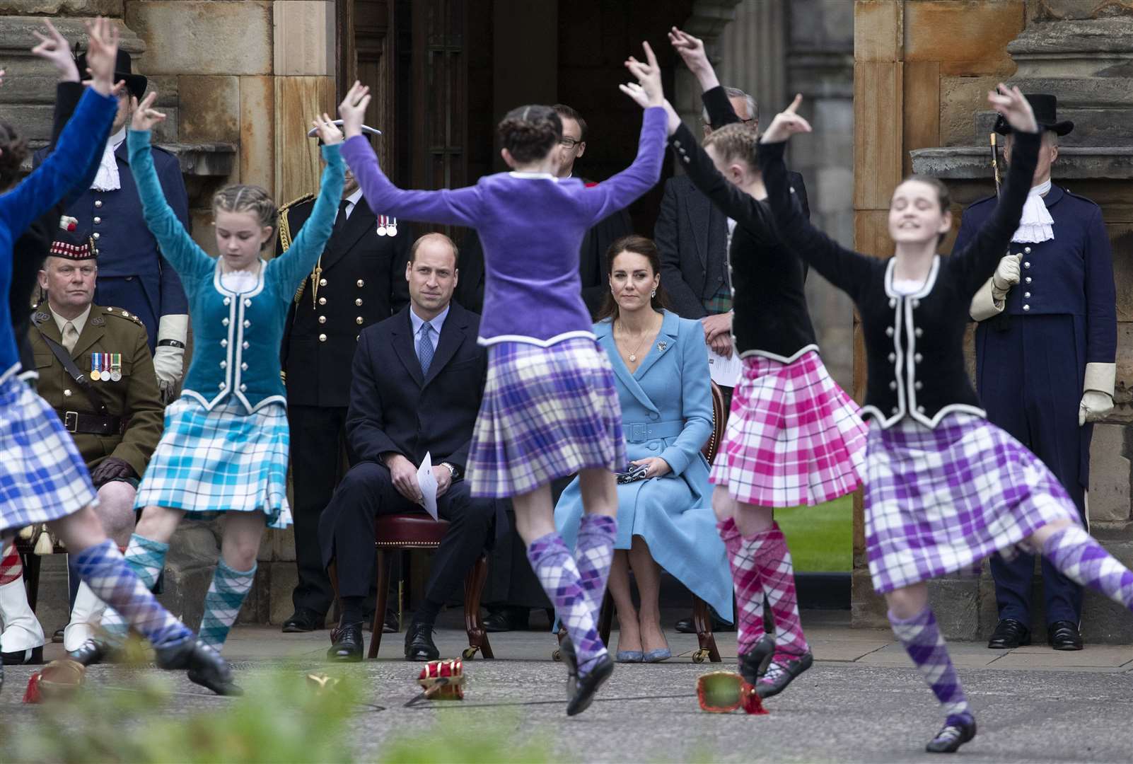 The Duke and Duchess of Cambridge watch Highland dancers perform at the Beating of the Retreat at the Palace of Holyroodhouse in Edinburgh (Jane Barlow/PA)