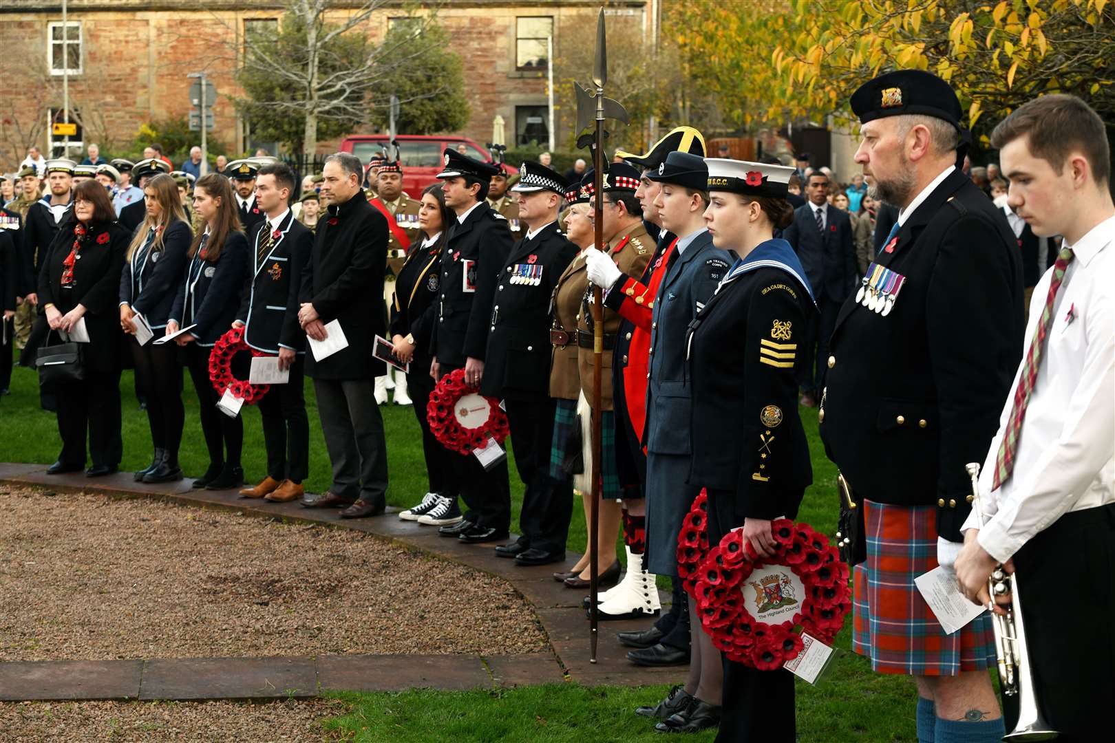 A moment of silence during the Remembrance Sunday service at Cavell Gardens war memorial in Inverness. Pictures: James Mackenzie.