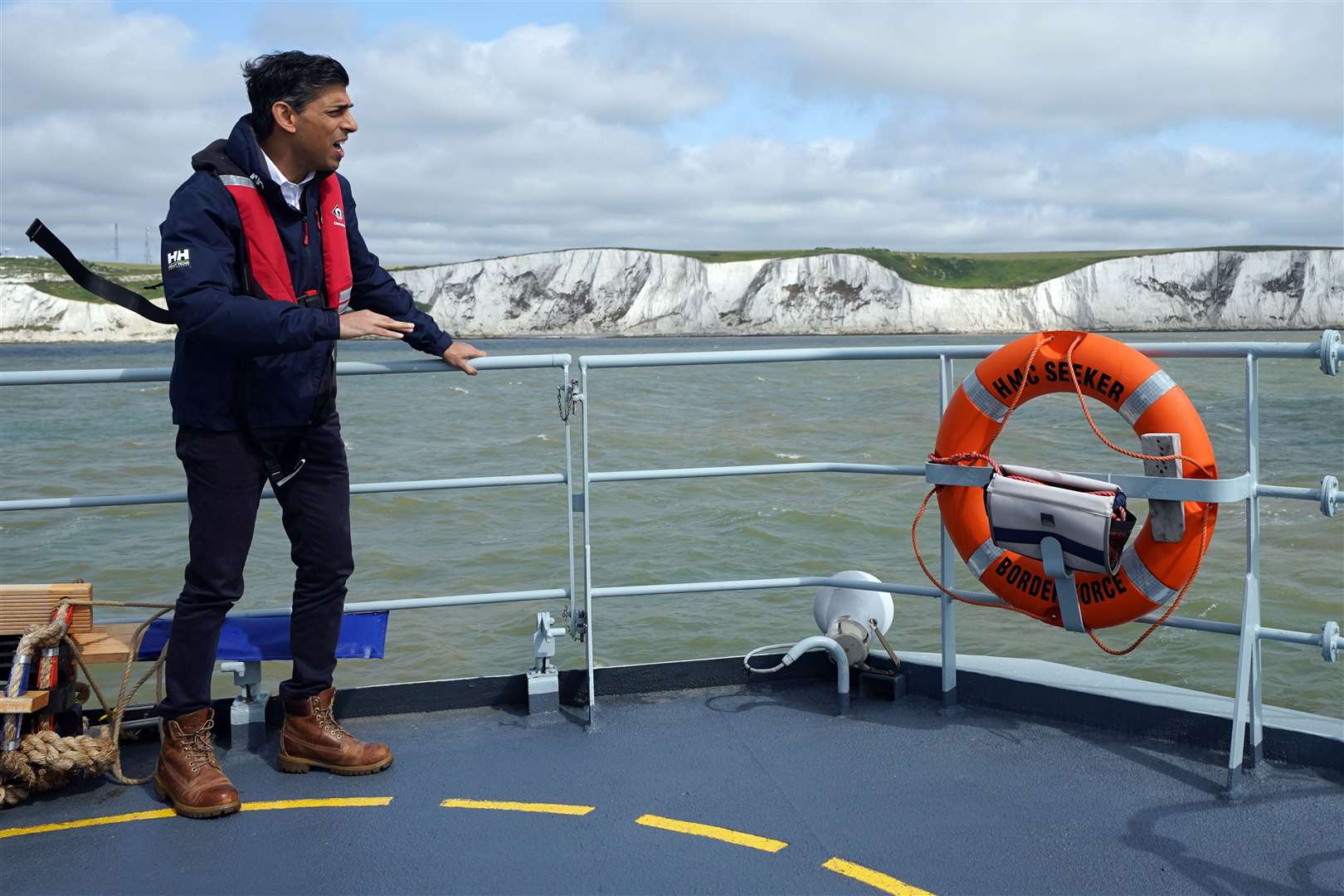 Rishi Sunak went to sea on a Border Force patrol vessel last month off the Dover coast before giving an update on his small boats plan (Yui Mok/PA)