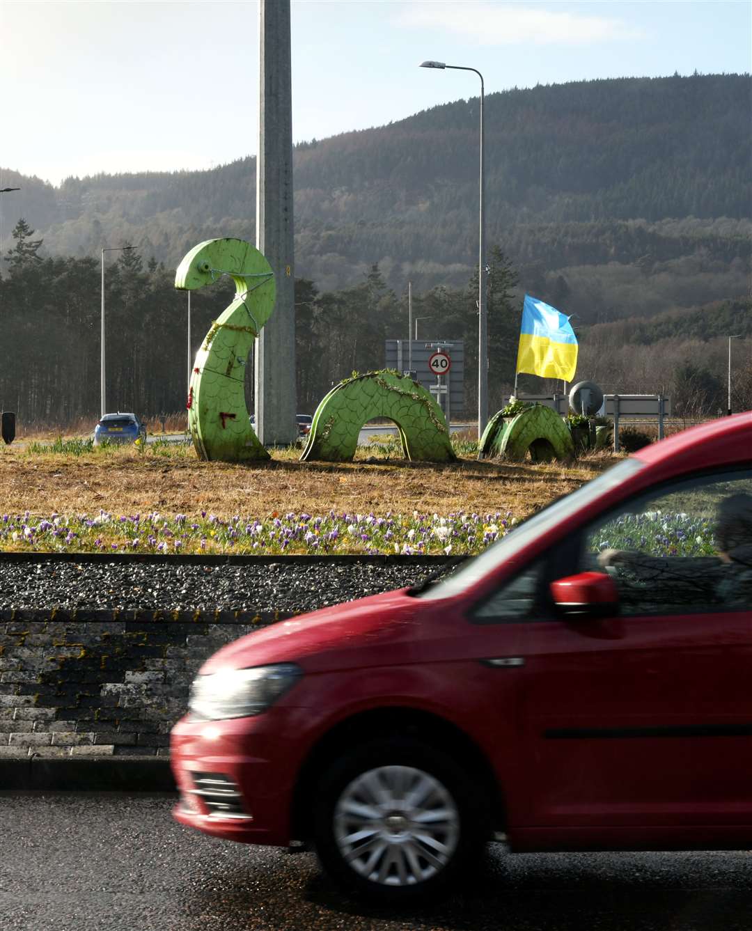 Nessie on Dores Road Rounabout supports Ukraine. Picture: James Mackenzie