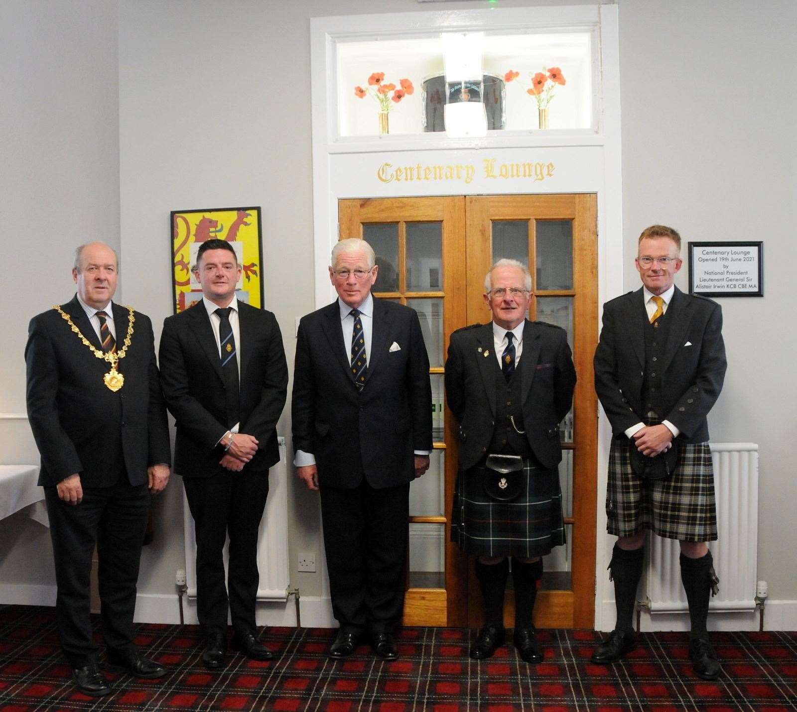 Provost Laurie Fraser, Nairn branch chairman Jonathan Brookes, National President General Sir Alistair Irwin, Nairn Branch President Lt Col Bob Towns, Lord Lt of Nairnshire George Asher.