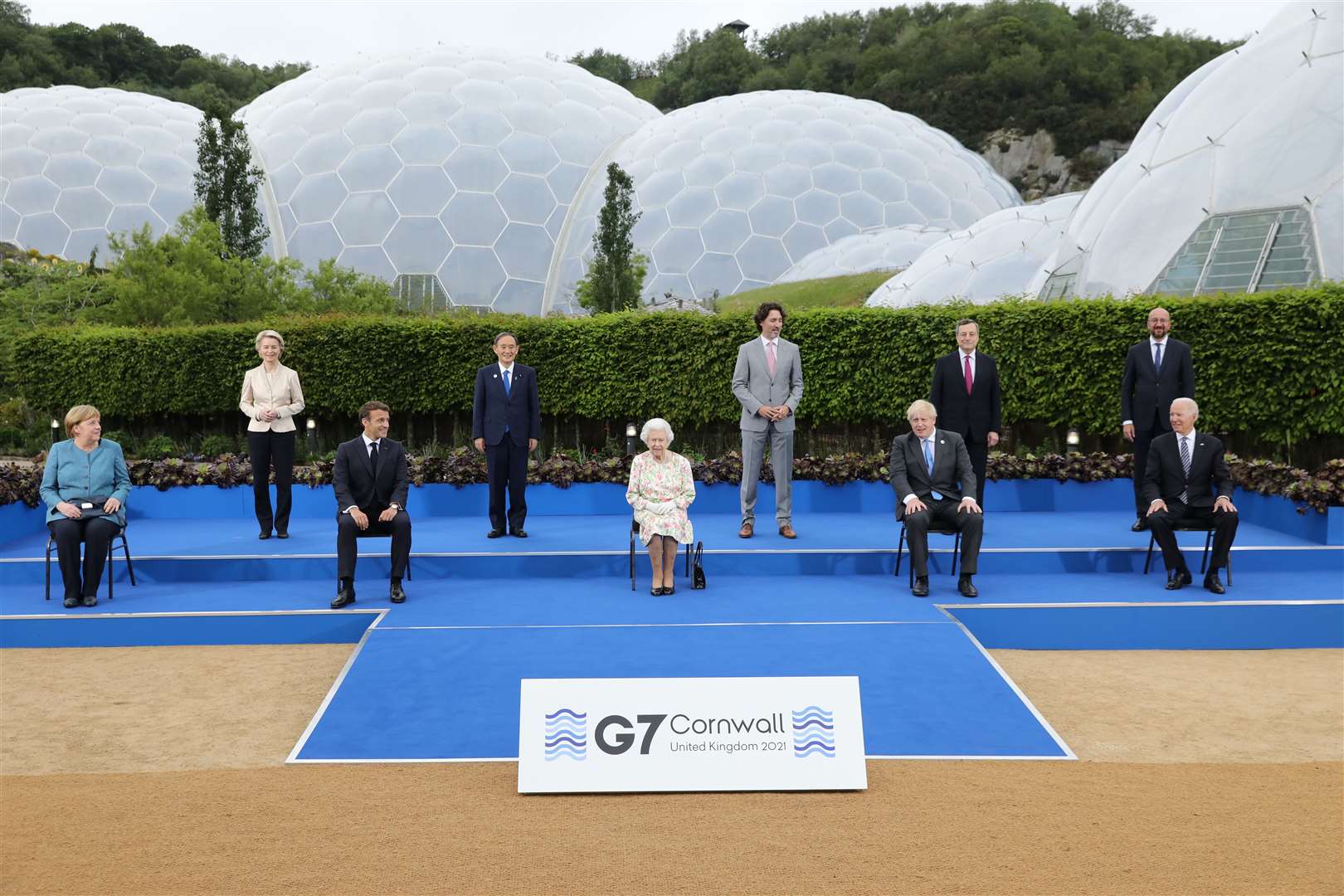 Queen Elizabeth II poses with G7 leaders before a reception at the Eden Project during the G7 summit in Cornwall (Jack Hill/The Times)