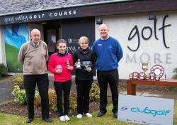 Willie MacKay, of High Life Highland (left) alongside (left to right) Abbie Cruden, of Nairn Academy and Nairn Dunbar Golf Club with the Sutherland Bowl, Carinne Taylor (Forres Academy and Elgin Golf Club) with the Grant Bowl, and Murray Urquhart, PGA pro
