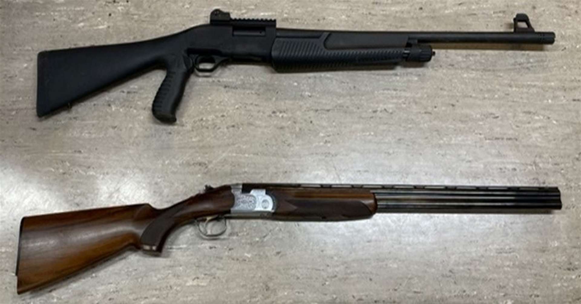 The Weatherby pump action shotgun, top, used by Jake Davison in the killings next to a standard sporting style 12-gauge shotgun (Plymouth HM Coroner/PA)