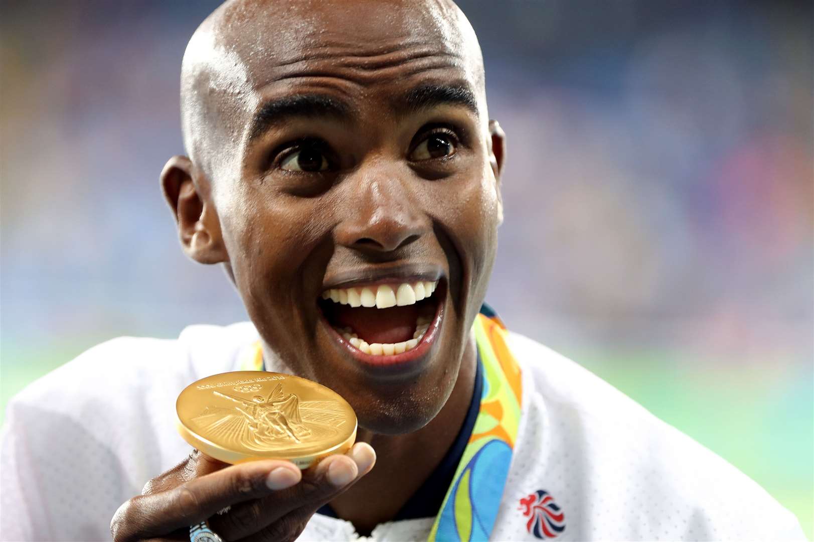 Sir Mo Farah with his gold medal following the men’s 10,000m final at the Olympics Stadium in Brazil (Owen Humphreys/PA)