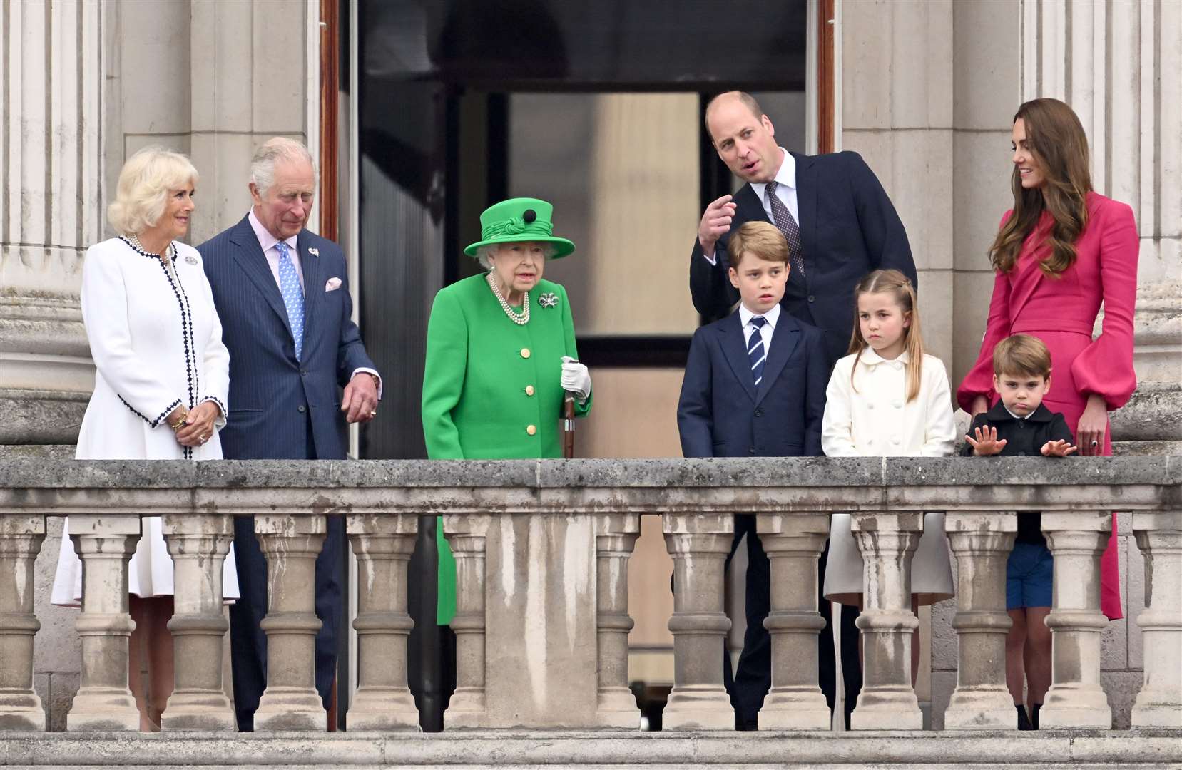The Duchess of Cornwall, the Prince of Wales, the Queen, Prince George, the Duke of Cambridge, Princess Charlotte, Prince Louis, and the Duchess of Cambridge appear on the balcony of Buckingham Palace during the Platinum Jubilee celebrations (Leon Neal/PA)