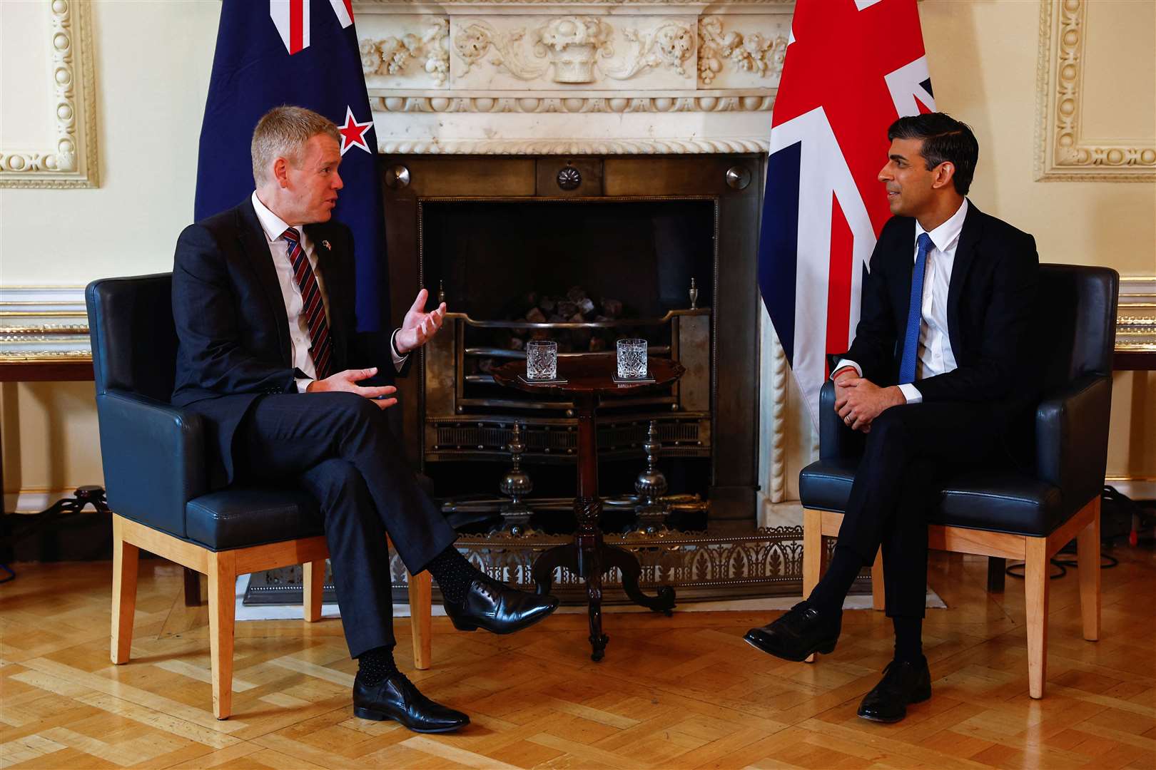 New Zealand’s prime minister Chris Hipkins, left, at 10 Downing Street with Rishi Sunak (Peter Nicholls/PA)