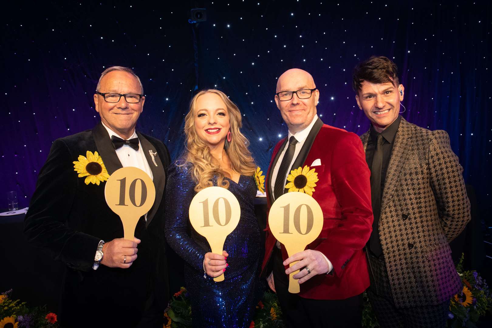 Judges Grahame Love, Alyssa Nicol and John Summers-Campbell with Brian Elrick (compere). Picture: Callum Mackay.Picture: Callum Mackay..