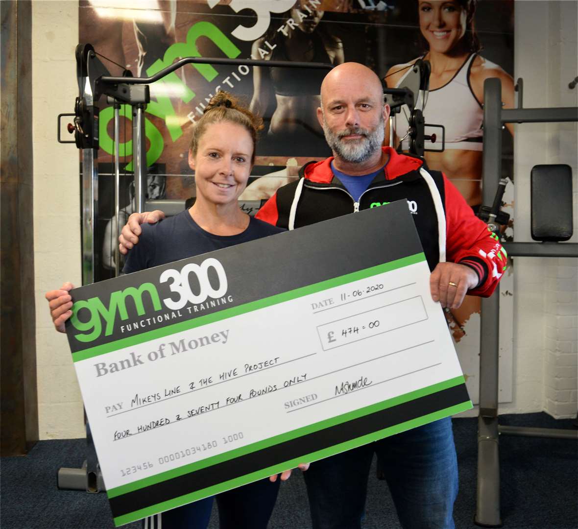 Gym 300 owners Nicola and Tom Ashmole with donation of £474 for Mikeysline.