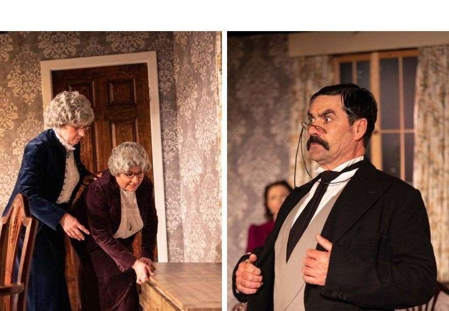 The Florians' Arsenic & Old Lace – Aileen Hendry and Caroline Nicol asthe Brewster sisters (left) and delusional Teddy (Tom Masterton). Picture: Matthias Kremer