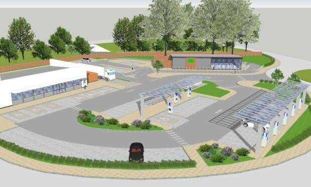 An artist's impression of the proposed food and drink hub, convenience store and EV charging station.