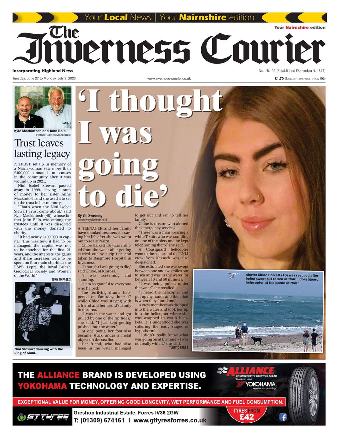 The Inverness Courier (Nairnshire edition), June 27, front page.