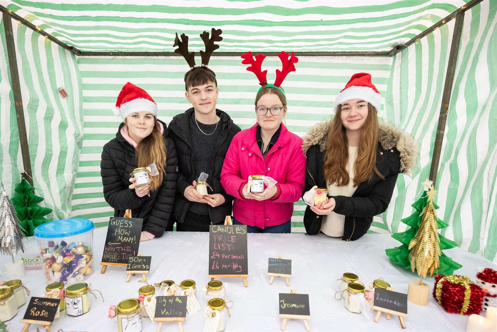 Youth Enterprise Scotlands, Highland & Moray. Christmas Market, Inverness. 9th December 2023. Pictured; Flower and Flame of Nairn Academy L-R: Kayleigh Maccoll, Callum Innes, Amie Innes & Kayla Macrae.
