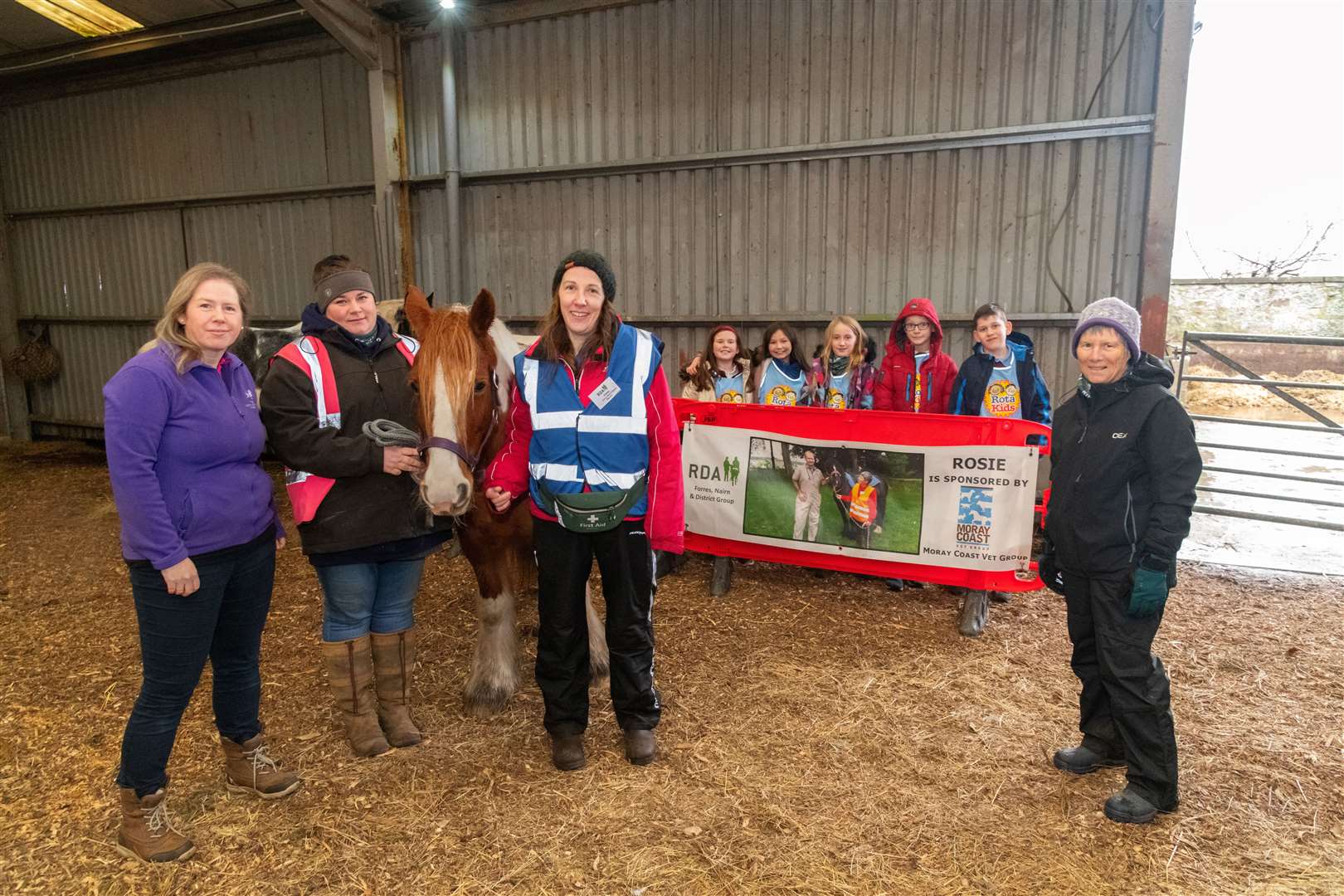Fom left to right: Sarah Rollo, Foundation Manager, The Gordon And Ena Baxter FoundationMichelle Lucas, qualified RDA Instructor – and owner of poniesEmma Gregg, Chair, Forres Nairn & District Riding for the Disabled Elizabeth Furness, Chair, RDA Grampian & Highland Region with Mosstowie Primary School Rotakids who have chosen RDA as their local charity of the year.