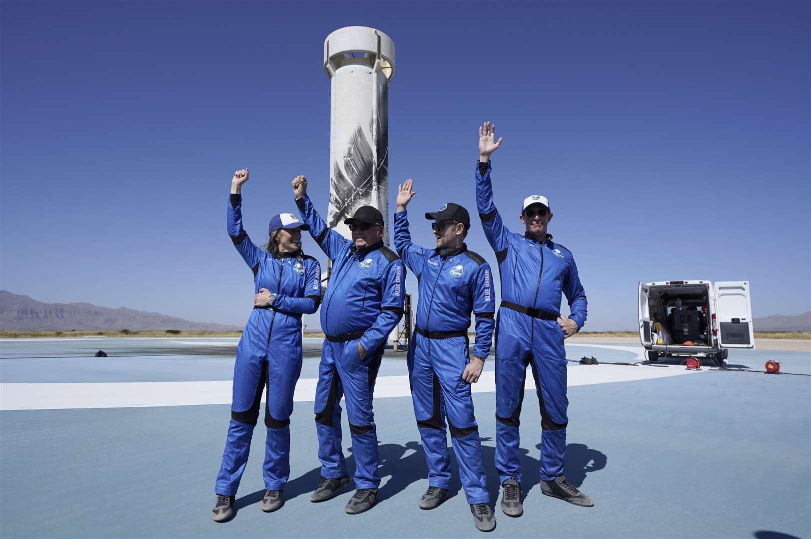 Blue Origin’s New Shepard rocket space passengers including William Shatner, second left (LM Otero/PA)