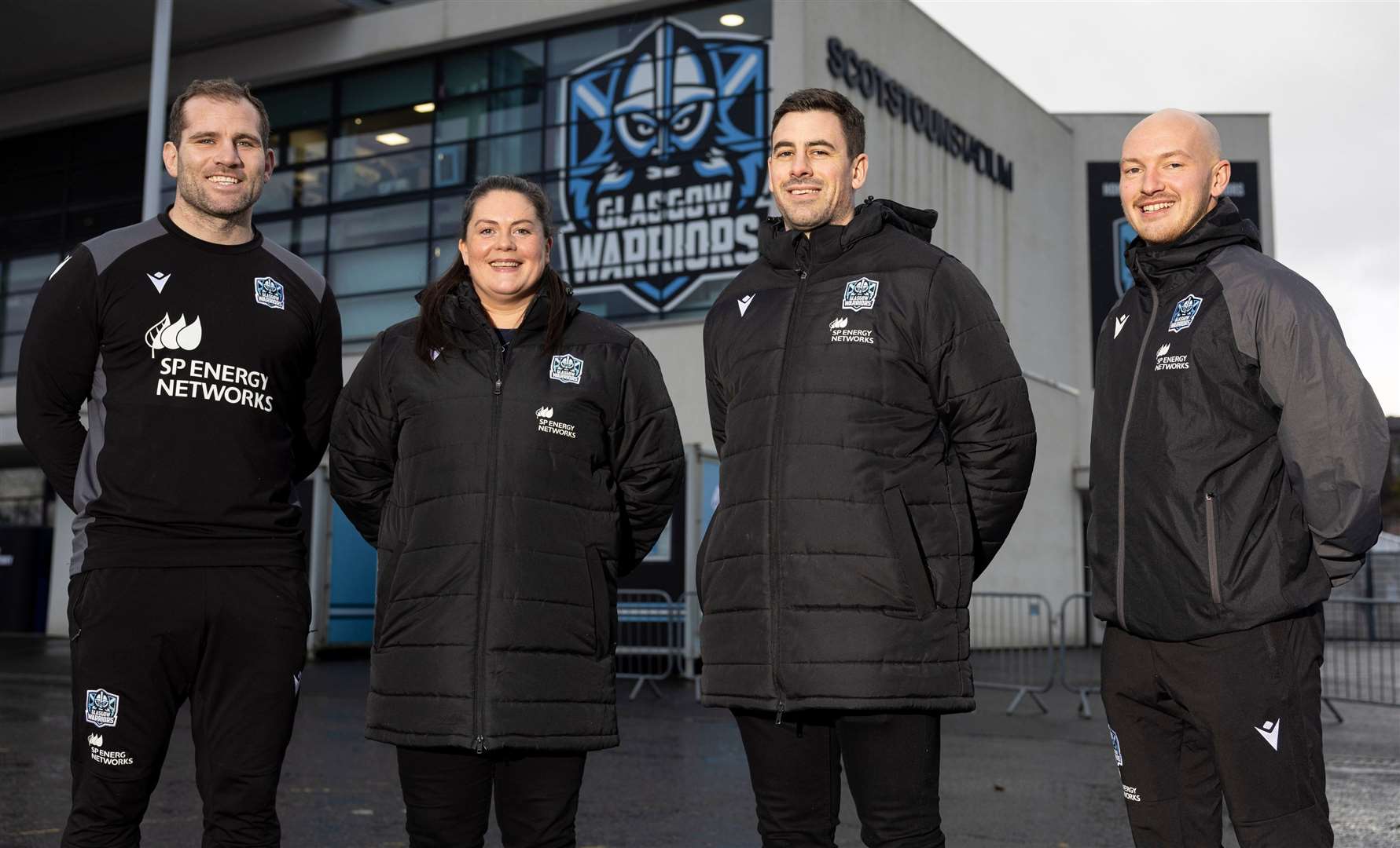 GLASGOW, SCOTLAND - DECEMBER 04: Fraser Brown, Lindsey Smith, Chris Laidlaw and Stuart Lewis during Glasgow Warriors visual access at Scotstoun Stadium, on December 04, 2023, in Glasgow, Scotland. (Photo by Ross MacDonald / SNS Group)