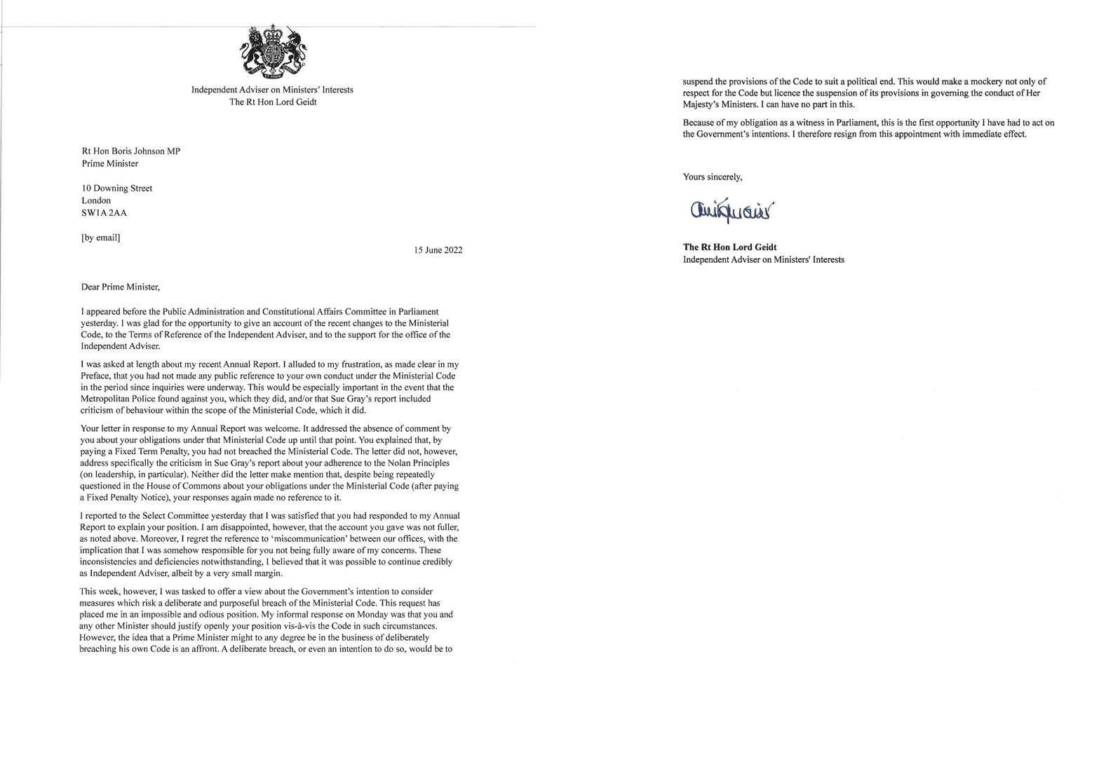 Lord Geidt’s resignation letter (Downing Street/PA)