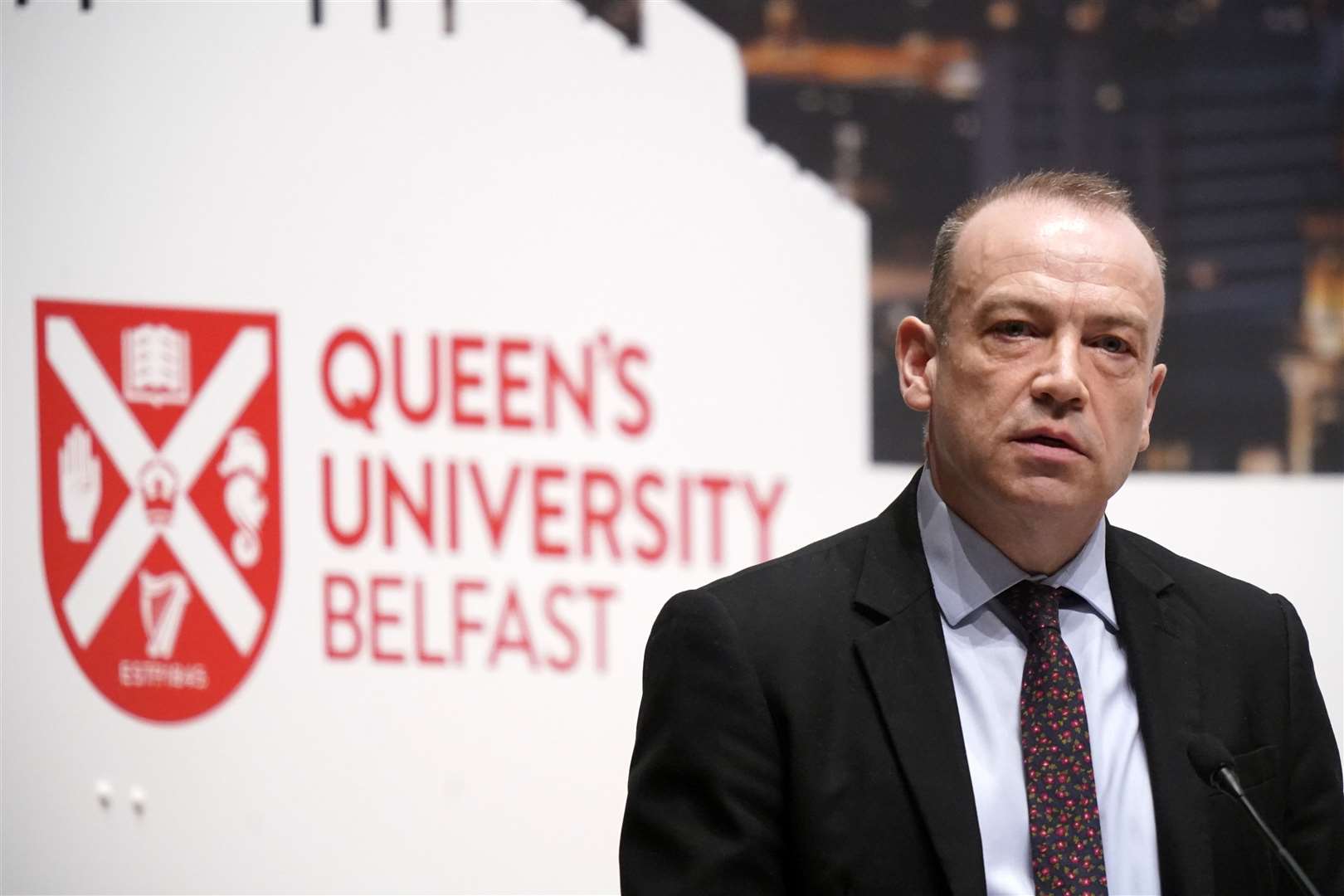 Northern Ireland Secretary Chris Heaton-Harris addressing the conference at Queen’s University (Niall Carson/PA)