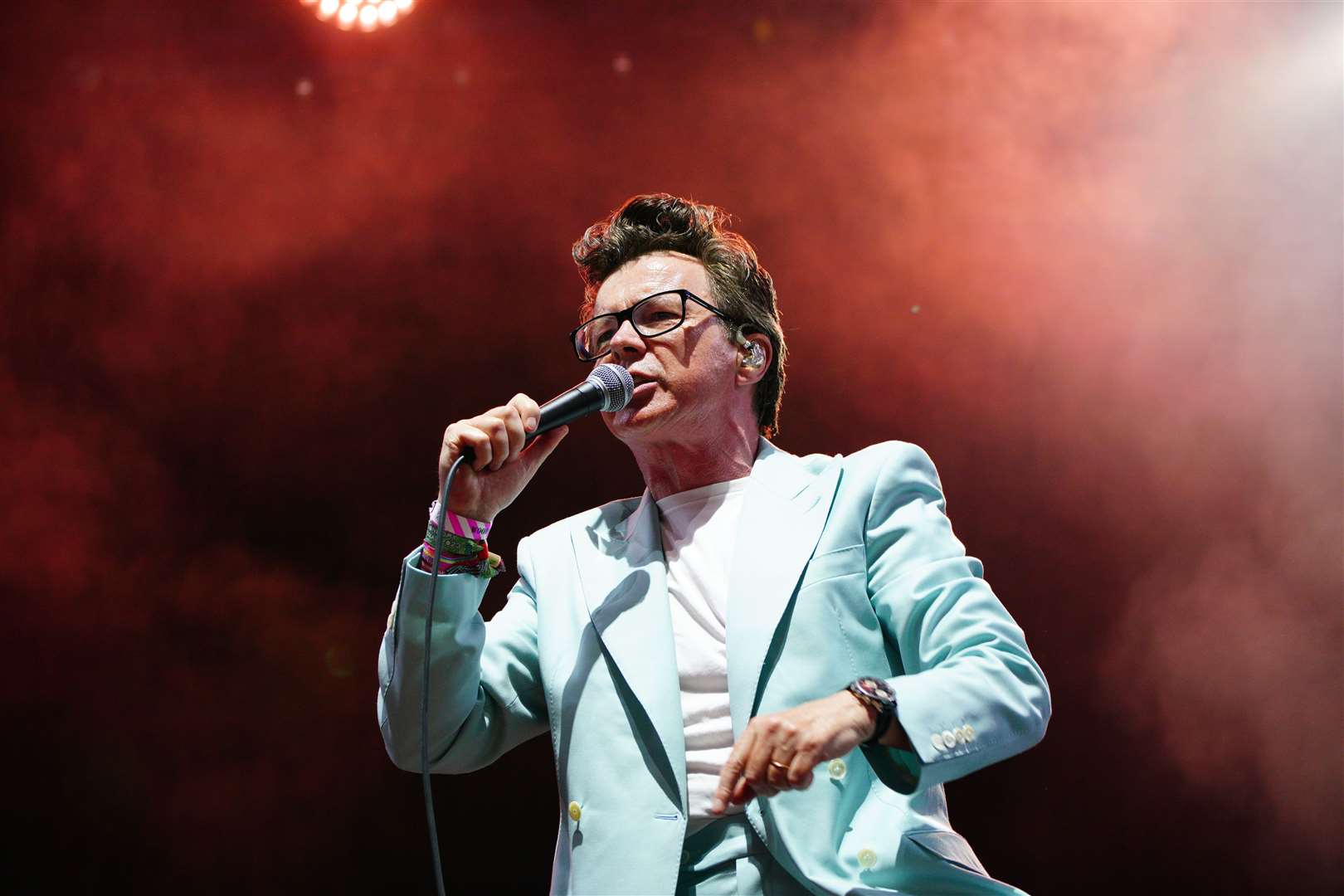Rick Astley playing with the Blossoms on the Woodsies stage at the Glastonbury Festival (Ben Birchall/PA)