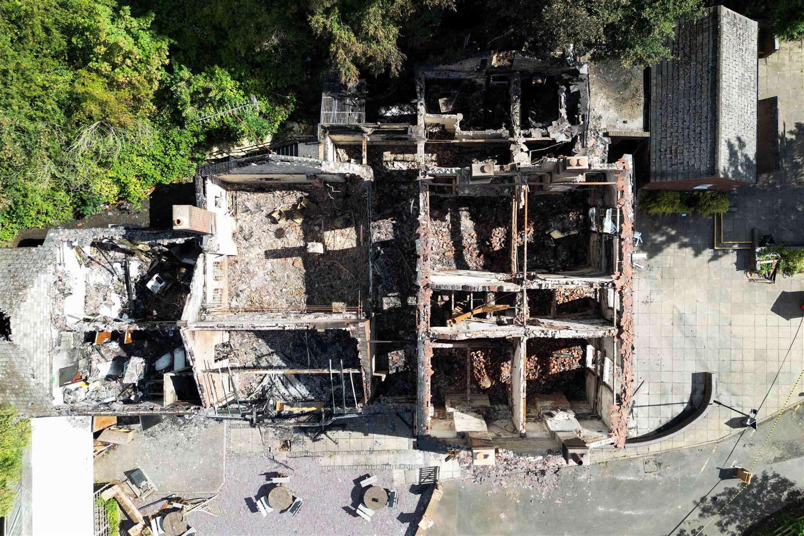 An aerial view of the burnt-out pub (Jacob King/PA)