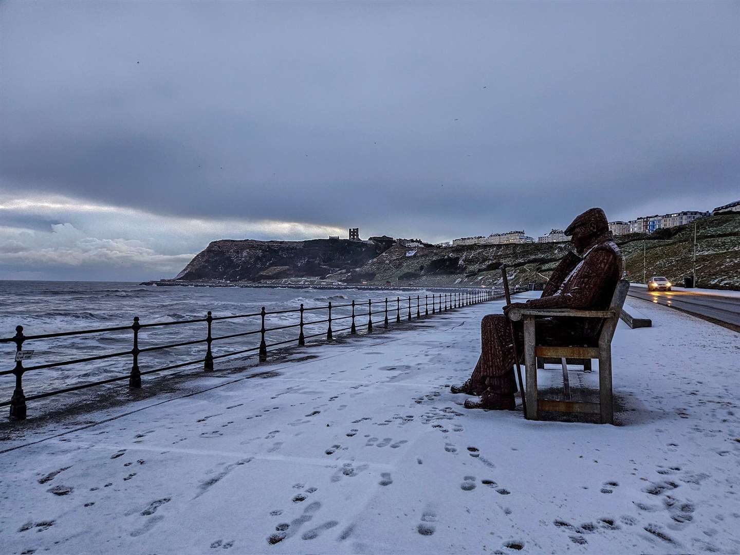 A snowy seafront in Scarborough, North Yorkshire (Jenna McGregor Jackson/Twitter/X/PA)